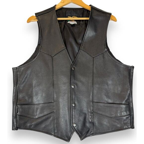 Motorcycle Biker Vest Mens XL Black Leather USA Flag Patriotic Snap Vintage 90s - Picture 2 of 7